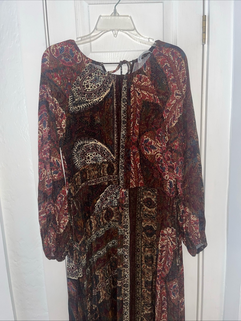 Zara Boho Paisley Long Sleeve Maxi Dress - Red, Brown, Cream
